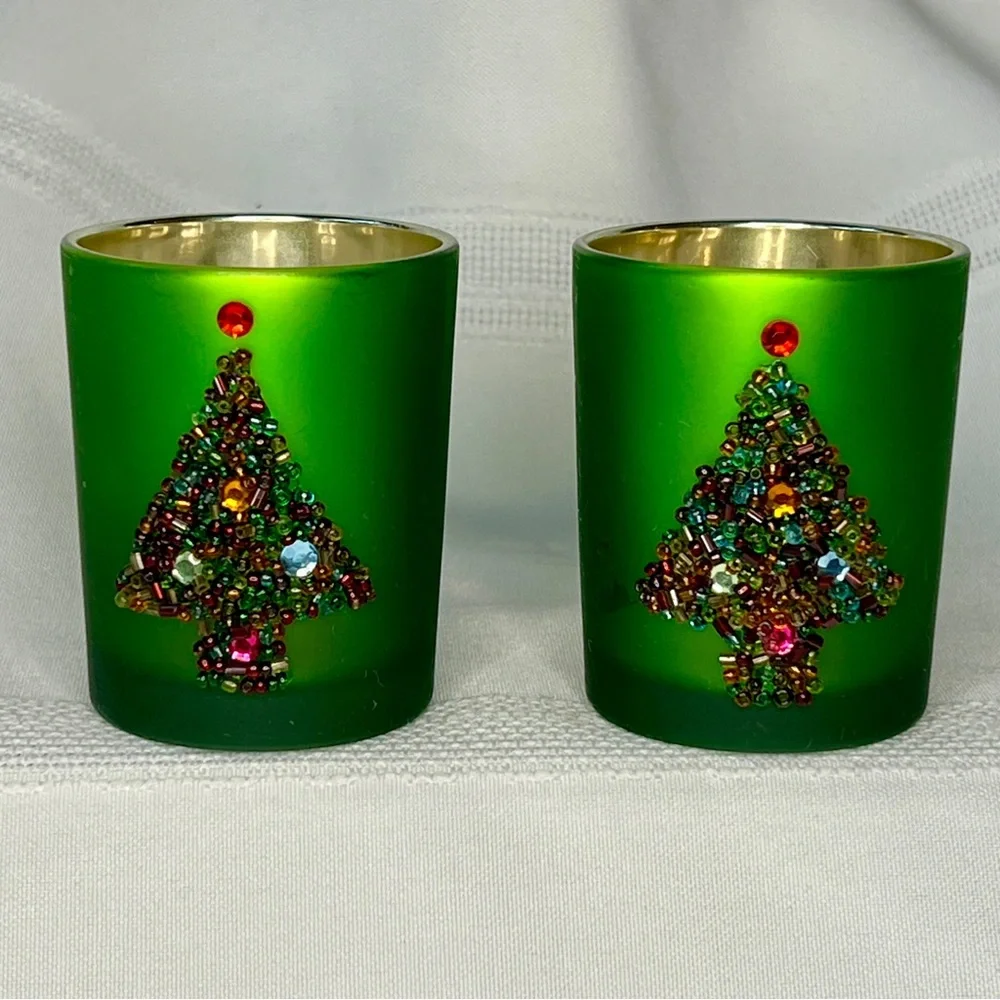 Mercury Glass Candle Holders Frosted Green Rhinestone Beaded Tree EUC VTG GANZ